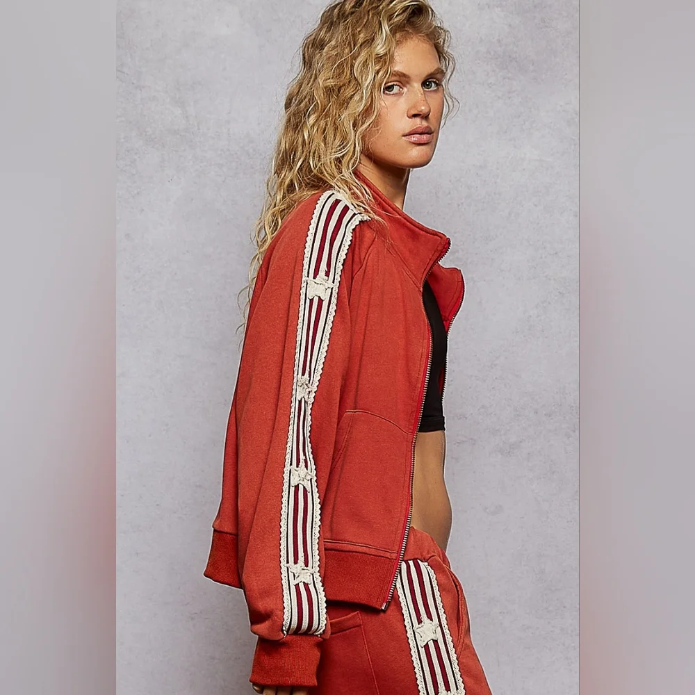 ​POL Star Patchwork Track Suit Set - Rust Red Orange Zip Jacket & Wide Leg - Picture 12 of 12